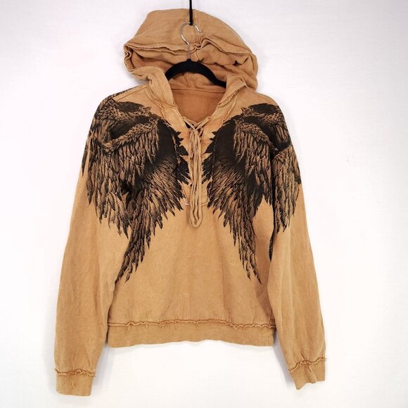 Affliction Hoodie Angel Wings Womens Small Y2K Lace Up Lettuce Raw Sweatshirt - Picture 1 of 15
